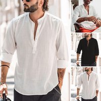Clothing casual stand up collar solid long sleeved shirt WISH bamboo cotton linen shirt