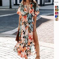 Cross Border Summer European And American Clothing New Sexy High Waist Fashion Printed Slit Dress For Women