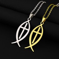 hot selling stainless steel hollow fish shape design cross pendant necklace all match couple accessories