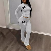 Women's Clothing Love Print Suit Long Sleeved Round Neck T Shirt Trousers Suit