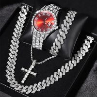 2025 New Arrivals Iced Out Popular set Watch+Bracelet+Necklace With Gift Box Cuban Chain Cross Pendent Jewelry HipHop Style For Men Women