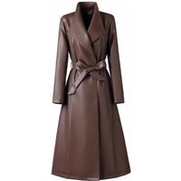 Elegant Long Trench PU Leather Coat Vintage Inspired Belted Faux Leather Jacket Plus Overcoat Black Anchora Red & Chocolate