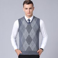 Men's Wool Blend Sleeveless Sweater Vest - V-Neck Knit Pullover For Autumn & Winter, Slim Fit, Color Block Design, Casual Wear