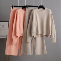 K Fashion Casual Knitted Suit Pants Loose Sweater Wide leg Pants Long Pants Two piece Set.