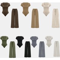 Autumn And Winter New Solid Color Small Pit Strip Casual Onesie Pants Fashion Two-piece Suit Women's Clothing