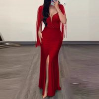 Clothing Fashion Sequined Hip Sexy Dress Round Neck Slit Tassel Sleeves Pleated Evening Dress