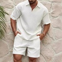 Men's Clothing Casual Trend Fashion Comfortable Waffle Solid Color Lapel Shirt Sports Suit