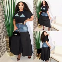 Clothing fashion personality stitching contrast T shirt denim skirt suit two piece suit