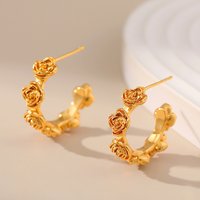 Silver Needle Environmentally Friendly Material Rose Engraved Design Romantic Earrings Sweet K Real Gold Plated Retro Texture Earrings