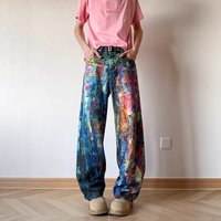 Clothing Retro Washed Ink Oil Painting Palette Jeans Spring High Street 3d Printed Floor Mopping Trousers