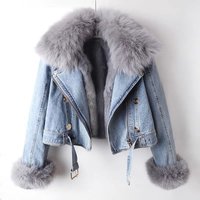 Clothing Autumn Winter Removable Fur Rabbit Fur Liner Denim Jacket Short Top Party Jacket