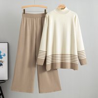 K Half turtleneck Striped Sweater Set blocked Trousers Fashion Two piece Set.