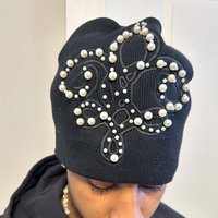Trendy Hip Hop Pearl Bow Knit Beanie Soft Fleece Winter Hat Stylish Embellishments & White One Fits All