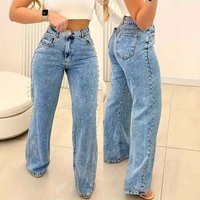 Women's High Waist Straight Leg Jeans - Classic Blue Denim With Pearl Button Details, Comfortable Cotton Blend, Loose Fit For Casual Style