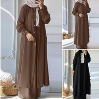 New Muslim Two-Piece For Women, Solid Color, Spring Autumn Sleeve Cardigan Shirt And Long Pants Set