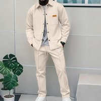 Waffle Knit Long Sleeve Shirt & Pants Casual Suit Set Slim Fit Autumn Outfit Button Down Collar & Pockets