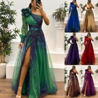 Women's Clothing Cross Border Spring And Autumn New Oblique Shoulder Mesh Print Dress INS Casual Loose Party Dress