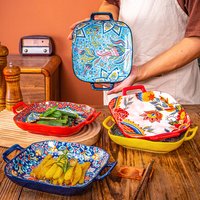 Bohemian Square Ceramic Serving Plate Handled Oven & Microwave Safe Dish Pasta Fruit & Appetizers
