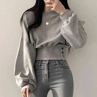 Korean Autumn Casual Short Crop Pullover Sweatshirt Button Detail & Letter Print – Slim Fit Round Neck Long Sleeve