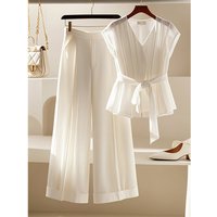 French Inspired Summer Outfit Set Chic Blouse + Flowy Wide Leg Pants 