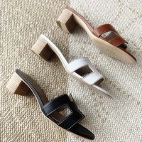 Summer 2024 Korean Edition Genuine Leather Thick Heels Fashion Outwear Versatile Middle Heel Slippers