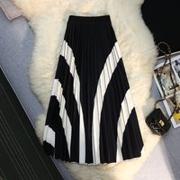 Spring Summer Accordion Pleat Retro White Contrast Irregular Matching Big Swing Pleated Skirt