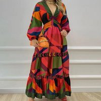 Clothing Fashion Elegant V Neck Geometric Print Splicing Large Skirt Waist Dress Female