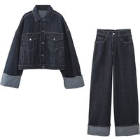 Vintage Denim Jacket & Flared Pants Set For Women – Distressed Button-Up Coat With High-Waisted Wide-Leg Trousers