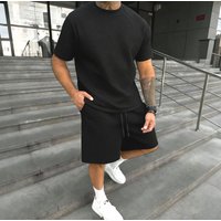 2 Piece Set Solid Jacquard Crew Neck Short Sleeve T Shirt Shorts European American Style Outdoor Casual Wear