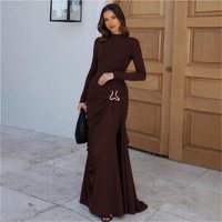 Long Dress European American Style round Neck Solid Autumn Winter Fashion Elegant Decorative Ring Buckle Long Sleeves