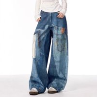 Clothing Spring Autumn High Street Retro Design Patchwork Printed Jeans Loose Straight Wide Leg Trousers