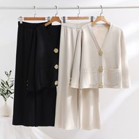 Women's Clothing autumn and winter new style socialite slimming contrast large gold button sweater women's wide leg pants knitted two piece set
