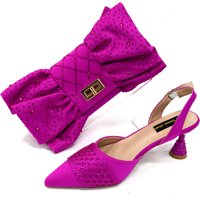 Women's Bright Colored Shoe And Bag Set Summer High Heeled Pointed Sandals With Color Blocked Rhinestones And Butterfly Shaped Bags