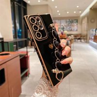 Plating Plush Love Heart Bracelet Case For Samsung S24 Plus S23 S22 Ultra Shockproof Bumper Silicone Cover