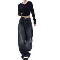 Vintage Streetwear High Waist Wide Leg Jeans Retro Denim Pants Drop Hem & Button Details