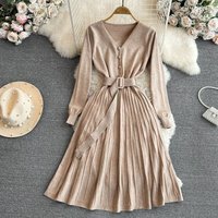 Clothing elegant temperament V neck waist slimming medium long line pleated knitted dress