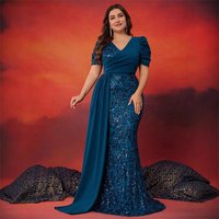 European American Fat Woman Plus Elegant Sequins Patchwork Fitted V Neck Short Sleeved Cocktail Party Dinner Dress Mother Dress Female