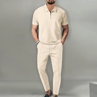 Clothing Solid Suit Waffle Lapel Short Sleeve Zipper Trousers Suit