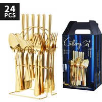 Premium 24 Piece Stainless Steel Cutlery Set Hanging Stand – Mirror Polished Knives Forks Spoons & Tea Spoons Silver Gold Rose