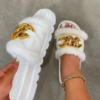 Women's Thick-Soled Woolen Slippers With Metal Chain Detail - Plus Size Cozy Indoor/Outdoor Cotton House Shoes
