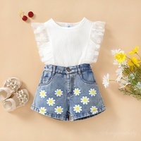 Baby Clothing Children’s summer girls Girls mesh lace top embroidered denim shorts