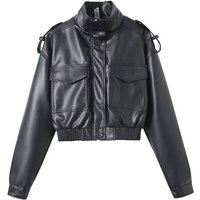 Slim Fit Vegan Leather Jacket Short PU Biker Style Stand Collar Stretch Polyester Lining