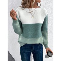 Block Knit Sweater – Polyester & Acrylic Blend Round Neck Long Sleeve Loose Fit Casual Pullover
