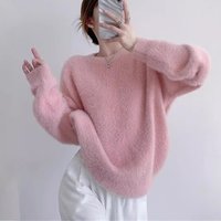 Oversized Faux Mink Sweater – Plush Round Neck Pullover Drop Shoulder