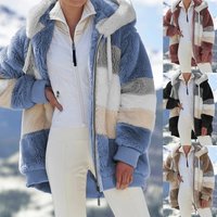Women's warm plush patchwork zipper pocket hooded loose jacket