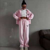Women's Zip-Up Hoodie & High-Waist Sweatpants Set –Fall Embroidered Joggers, Streetwear Casual Tracksuit In Pink/Yellow/Light Grey (S/M/L)