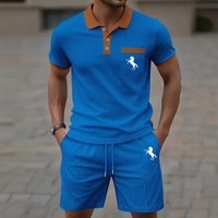 Men's Waffle Polo Shirt And Shorts Set White Horse Print Casual Two-Piece Ensemble for Men