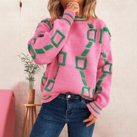 Stylish Letter Embroidery Contrast Knit Sweater Casual Round Neck Long Sleeve Pullover 