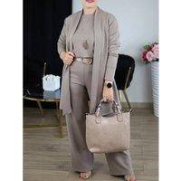 Women's 3-Piece Outfit Set – Stylish Round Neck Top, Trousers & Mid-Length Coat (S-5XL, Multiple Colors)