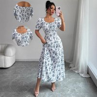Floral Print U Neck Flowy Maxi Dress – Elegant High Waist Summer Dress White Lavender Blue Purple & Gold 